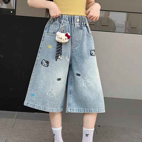 女童夏装牛仔短裤2026新款初中生女生夏季KT猫中裤中大童女孩裤子