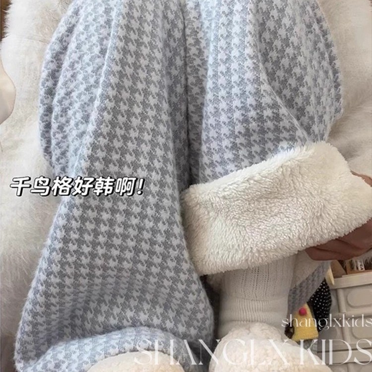 女童裤子2025新款今年流行爆款冬天加绒千鸟格儿童冬季大童羊驼绒