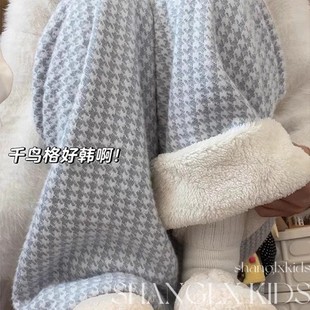 女童裤子2025新款今年流行爆款冬天加绒千鸟格儿童冬季大童羊驼绒