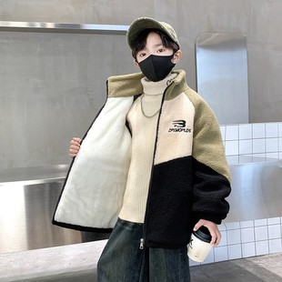 男童羊羔绒外套秋冬装2025新款中大童男孩毛毛衣儿童立领加绒加厚