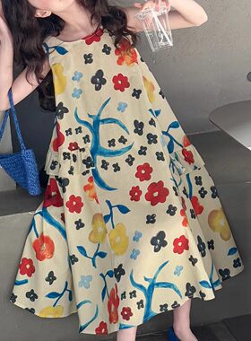 洋气小女童夏季碎花飞飞袖背心棉布裙子沙滩长裙女童纯棉连衣裙
