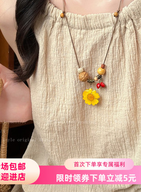 山野花信~多巴胺滴胶格桑花项链女新中式民族风复古长款吊坠配饰