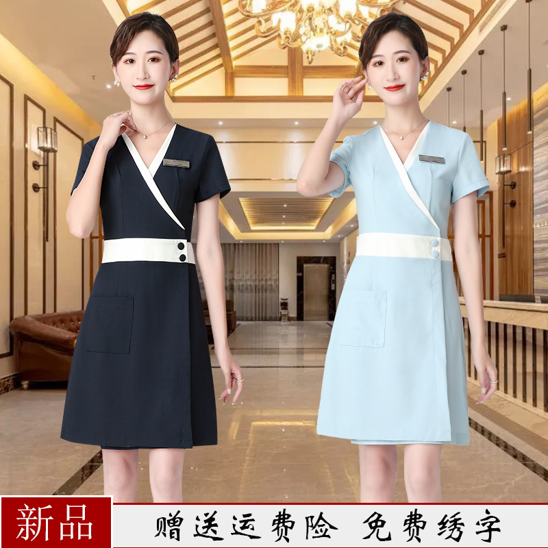 美容师工作服女夏季新款美容院显瘦连衣裙spa养生馆技师服装
