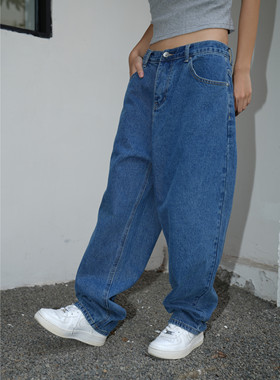 sbkz经典深蓝色牛仔裤女hiphop直筒宽松嘻哈美式休闲街舞街头