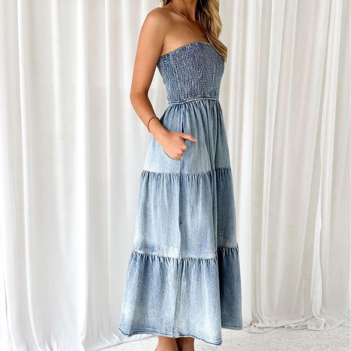 skirt long denim cake top tube slit side stitching hem