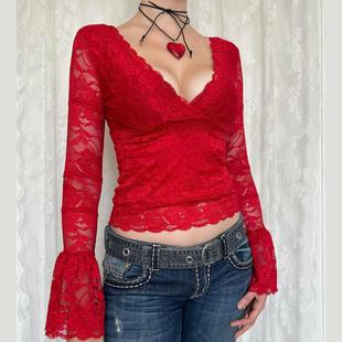 crop lace summer sheer womens flared tops fashion long