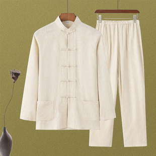 唐装男中老年夏季亚麻长袖套装现代新中式中国风改良太极服外套男