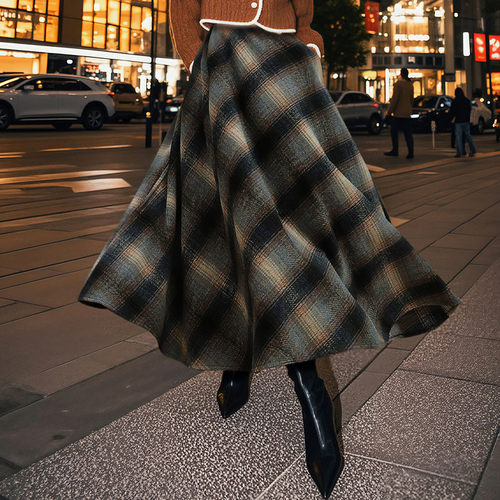 加厚毛呢大摆显瘦格子长款半身裙