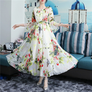 海边度假 胖mm夏季 碎花雪纺国风江南风连衣裙新中式 白裙长裙仙大码