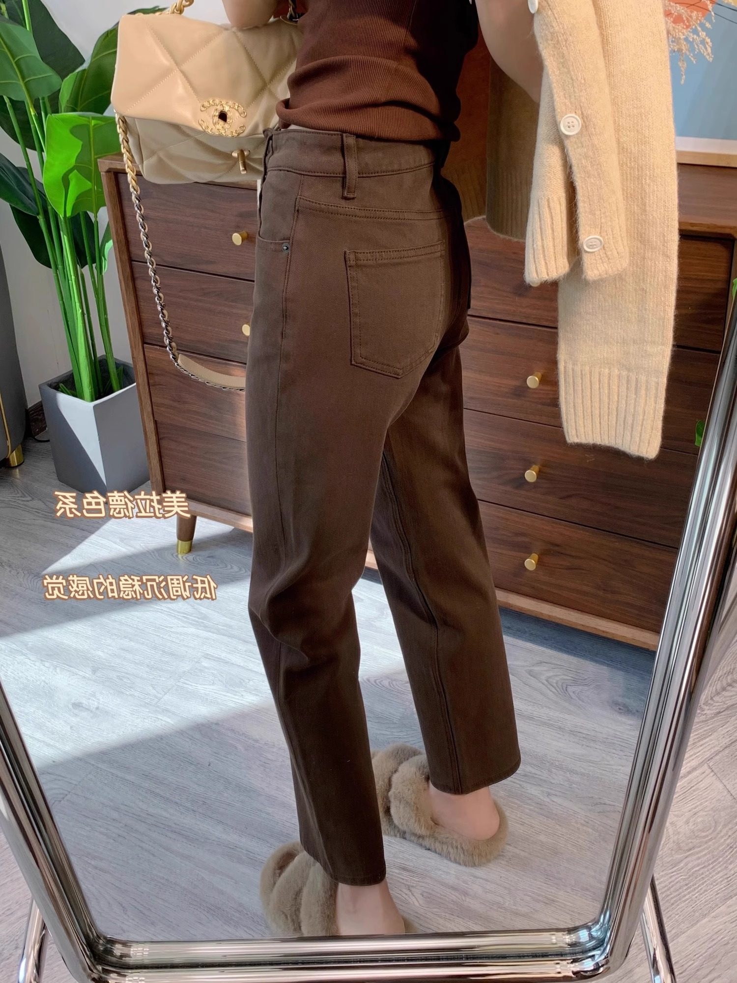 大码咖啡色牛仔裤女春季新款胖mm显瘦直筒裤高腰弹力九分烟管裤子