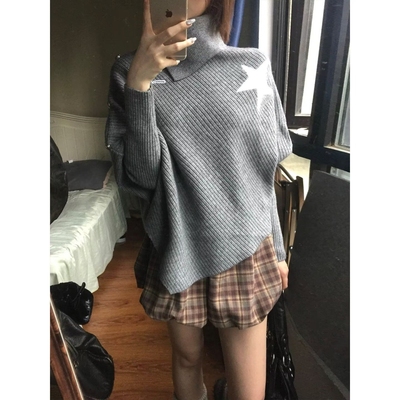 灰色斗篷高领长袖显瘦不规则上衣