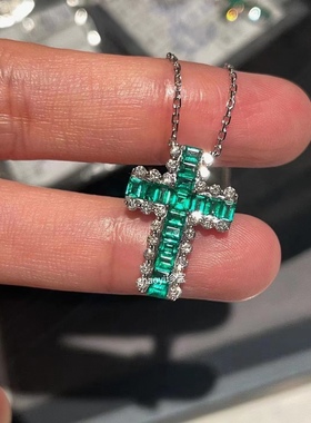 18k金 天然祖母绿钻石 十字架项链