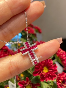 18k金 天然红宝石十字架项链