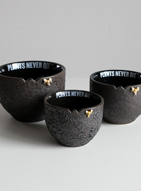 pndplus原创手工做旧陶瓷块根盆鲨鱼牙化石多肉植物复古盆栽绿植