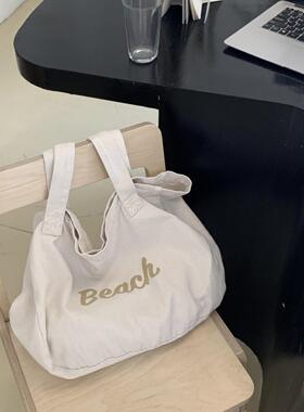 纯色帆布包字母印花单肩包休闲大学生帆布袋购物包大容量托特包包