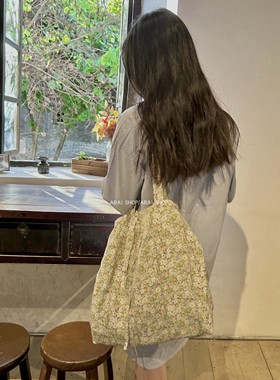 ABAI新款复古碎花布袋绑带单肩包大学生小清新百搭大容量帆布包