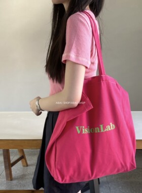 ABAI自制桃红色帆布包字母印花单肩包大容量学生手提购物袋托特包