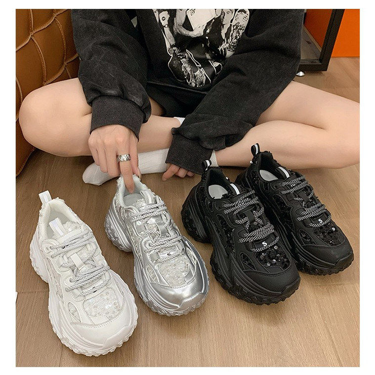 老爹鞋女鞋2025新款网面亮片配阔腿裤的鞋子厚底轮胎榴莲运动鞋潮