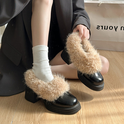 法式加绒高跟毛毛鞋一脚蹬圆头