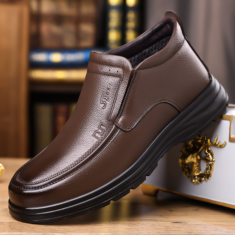 男鞋东北棉鞋男冬季男士套脚头层牛皮加绒加厚高帮防滑软底雪地靴