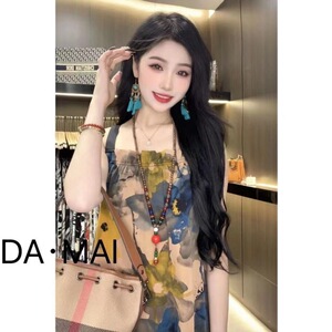 夏季连衣裙女中长款吊带裙女装气质时尚法式小众显瘦遮肉印花上衣