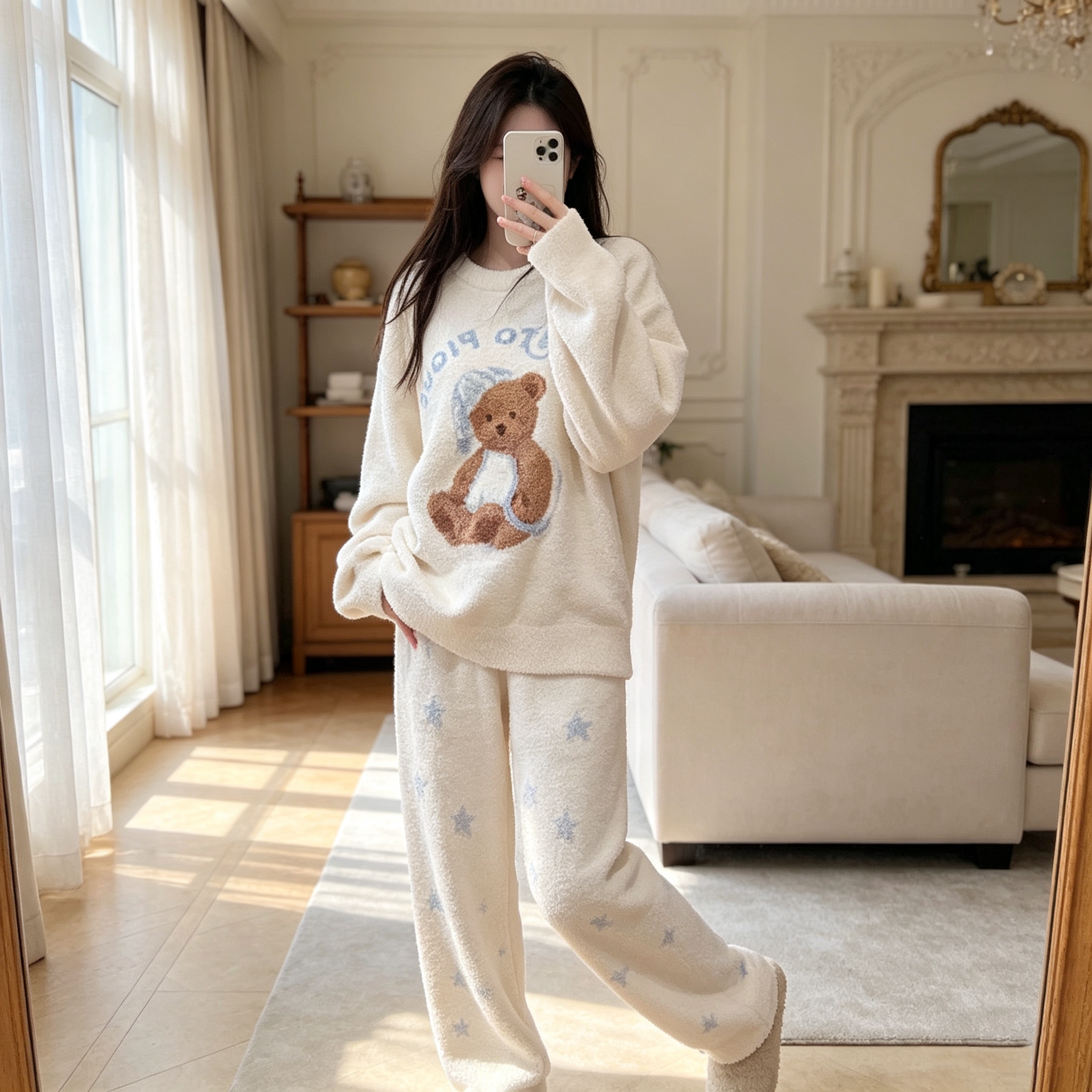 珊瑚绒女款睡衣秋冬季可爱风套装