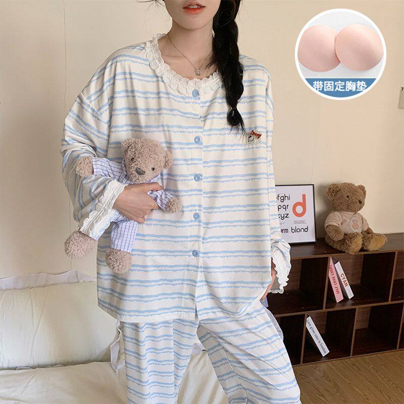 春秋季仿棉带胸垫女款长袖睡衣
