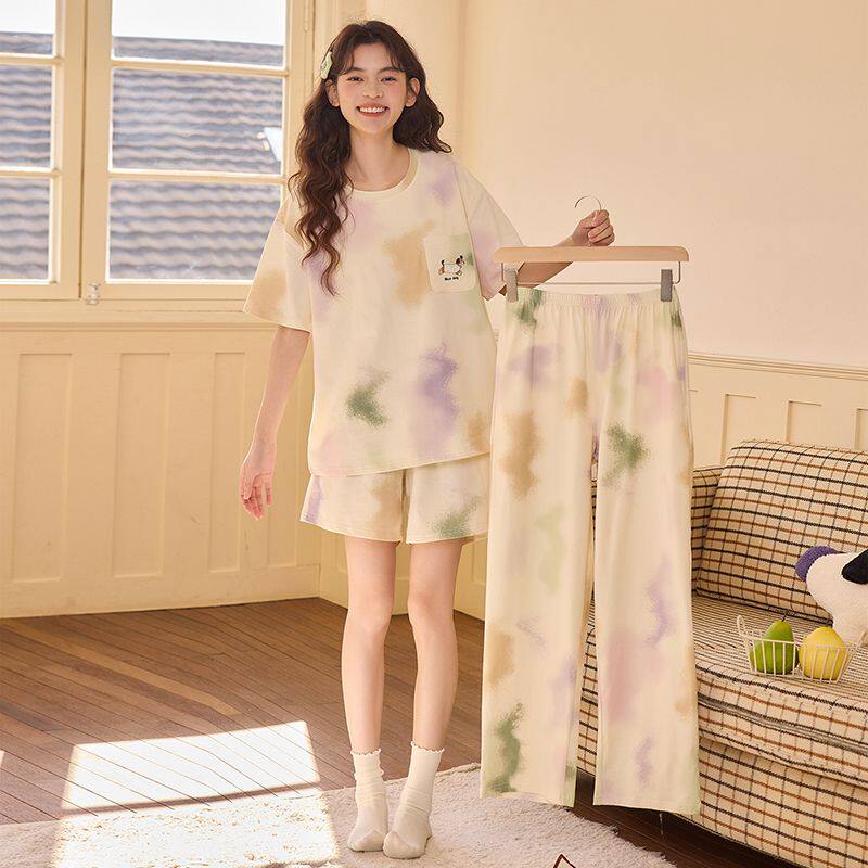 夏季新款纯棉女款睡衣宽松显瘦带胸垫设计感轻柔舒适三件套家居服
