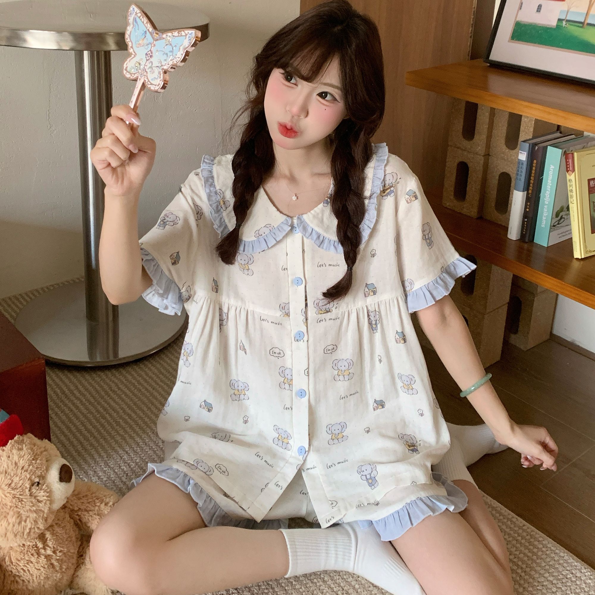 夏季蓝白女孩睡衣卡通可爱两件套