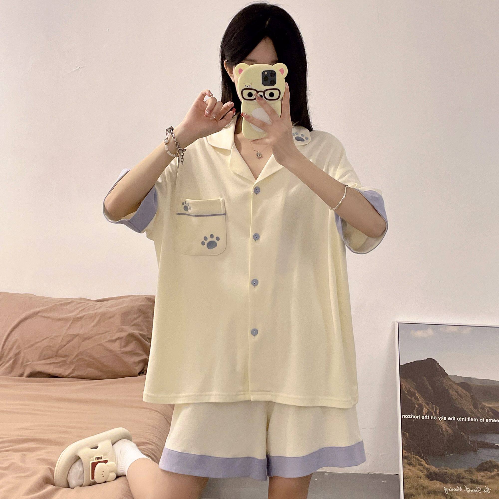 夏季纯棉女款睡衣开衫短袖短裤两件套可爱少女风宽松显瘦家居服