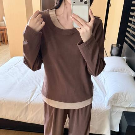 秋冬季女款极简德绒睡衣长袖长裤两件套纯色保暖假两件圆领家居服