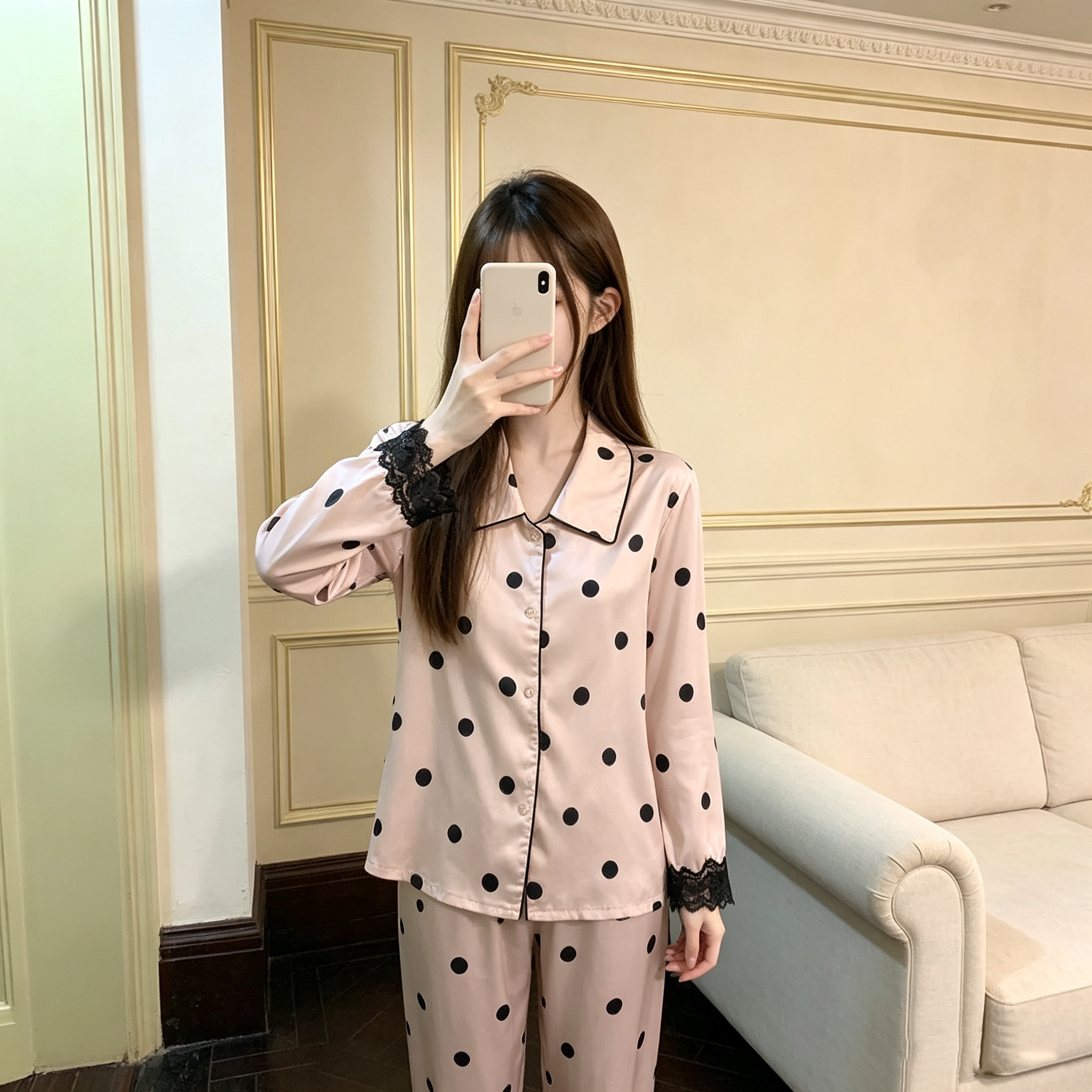 圆点冰丝女款睡衣春秋季长袖开衫