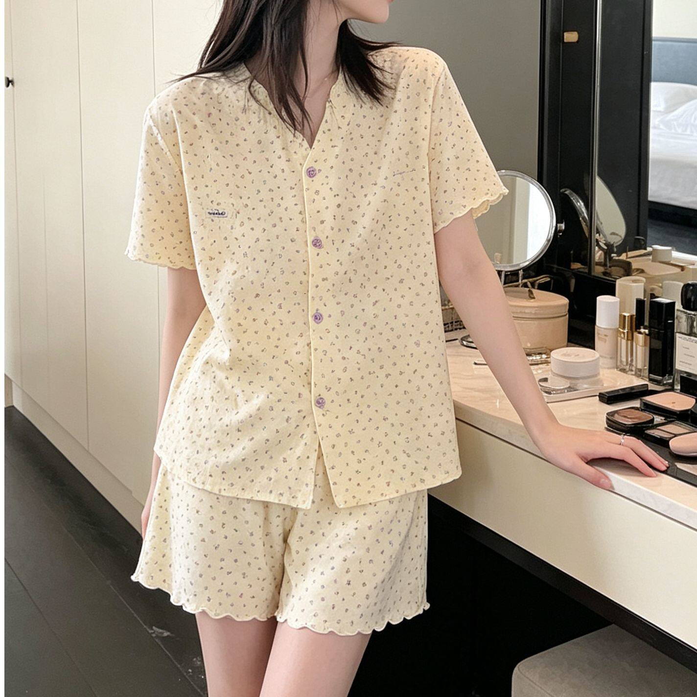 夏季女款纯棉睡衣凉感轻柔款开衫显瘦短袖短裤套装家居服可外出