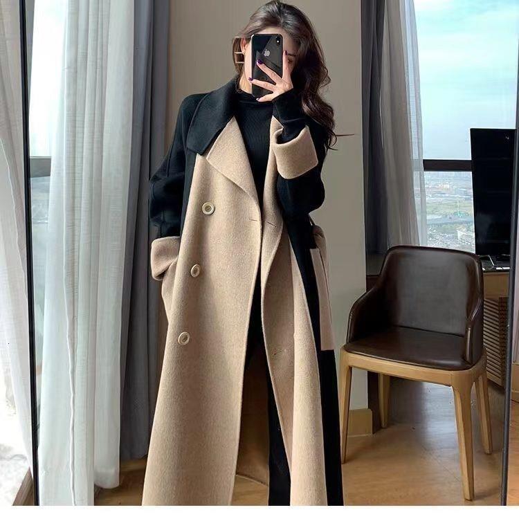 高级感潮百搭中长款拼色风衣毛呢外套冬季女装小个子女款适合小个