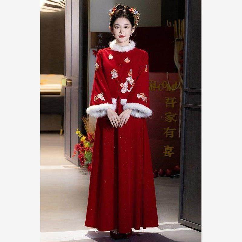 新中式敬酒服大码新娘订婚出阁宴礼服孕妇结婚红色秀禾服冬季加厚