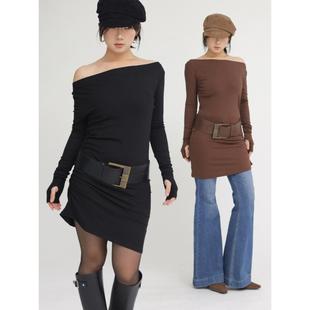 ohmyloli 连衣裙 2色入高弹侧缩褶不对称多穿一字领秋冬纯色长袖