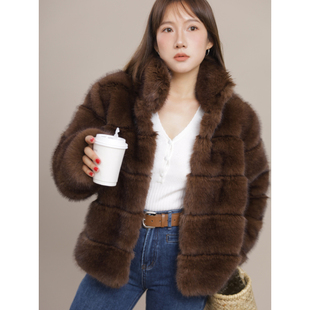 ohmyloli 复古咖啡色vintage纹理感隐形搭扣环保人造复合皮草 法式