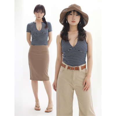 藏青条纹半开领收腰基础背心T恤