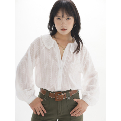 提花竖纹棉质花边翻领长袖衬衫