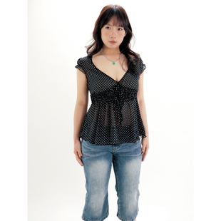 0点ohmyloli千禧复古小波点高腰打揽古早味小衫