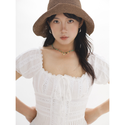 ohmyloli 重工打条收腰法式方领系带拼接织带复古白色小衫