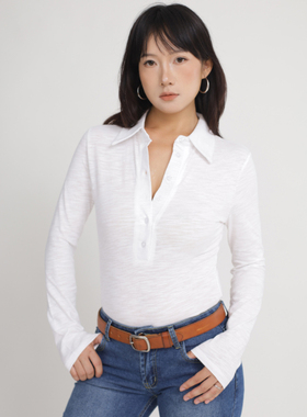 ohmyloli 2色officesiren套头半开扣正肩长袖竹节棉通勤复古衬衫