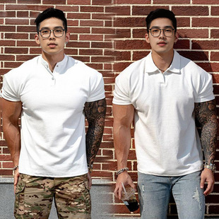 亨利领显大收袖 肌肉短袖 口polo健身房训练透气T恤夏 运动短袖 男士