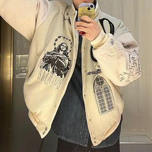 重磅刺绣男士关闭周日传教士棒球服美式休闲外套宽松复古加厚夹克