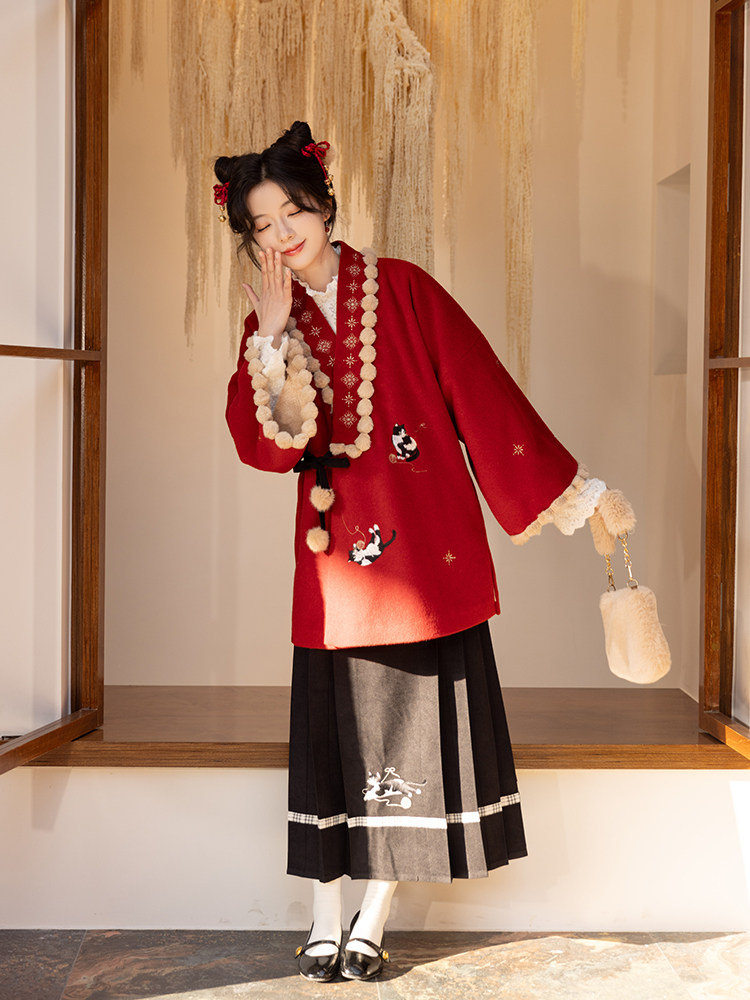 Chi Xia 【 Winter solstice : Solicit wealth enter Meow 】 bright Opposite wear hand over Plush short Chinese-style jacket Mamianqun original improvement Hanfu   Autumn and winter
