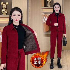 冬季灯芯绒加绒加厚时尚套装女新款女士减龄外套妈妈装高档两件套