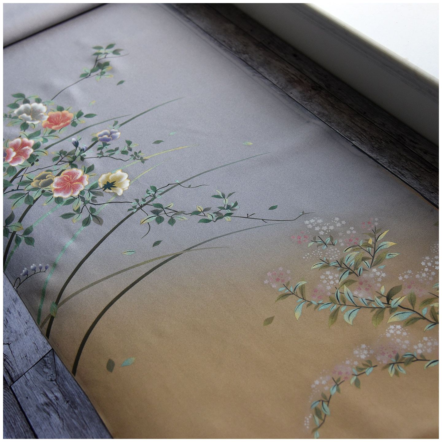 进口中古正绢真丝灰紫花柄金彩付下反解布料口金荷包零料旗袍汉服图片