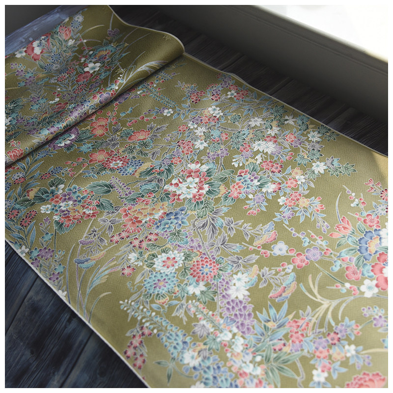 进口中古正绢真丝橄榄绿彩花小纹和服反解口金荷包零料旗袍汉服