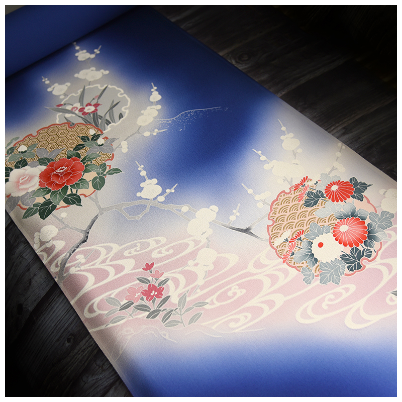 真丝宝蓝雪轮花柄付下反物整卷布