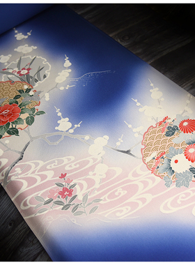 特进口中古正绢真丝宝蓝雪轮花柄付下反物整卷布料旗袍汉服布料